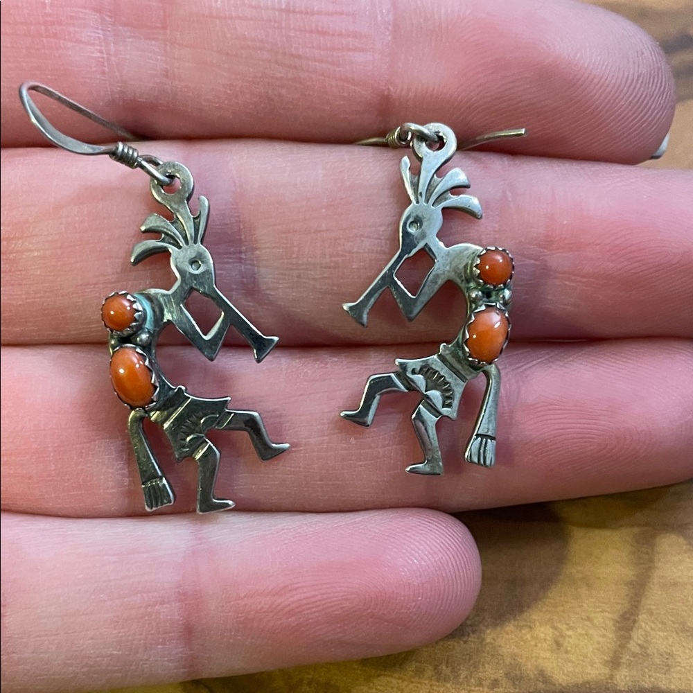 Sterling Silver and Coral Kokopelli Earrings - Picture 7 of 7